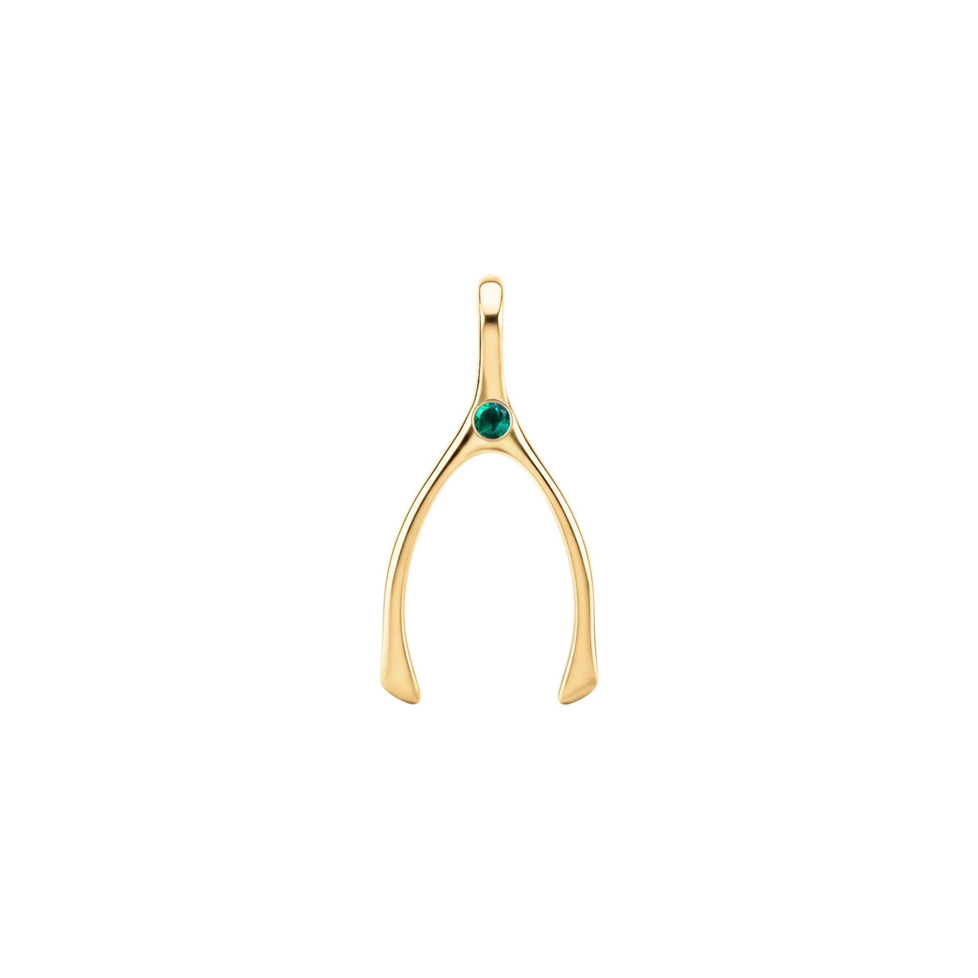 Small Emerald Wishbone Pendant in Solid 14k Gold (May)
