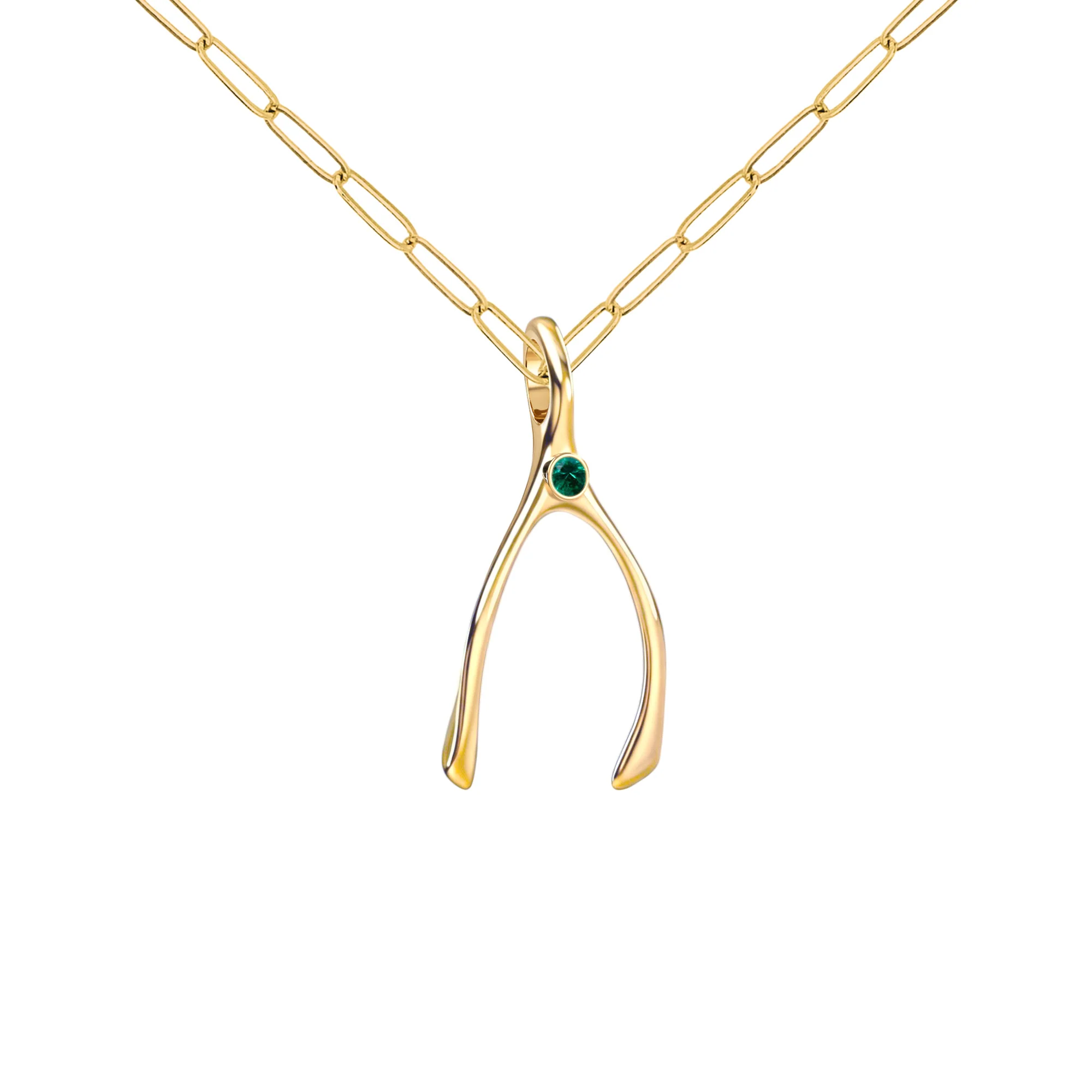 Small Emerald Wishbone Pendant in Solid 14k Gold (May) - Image 4