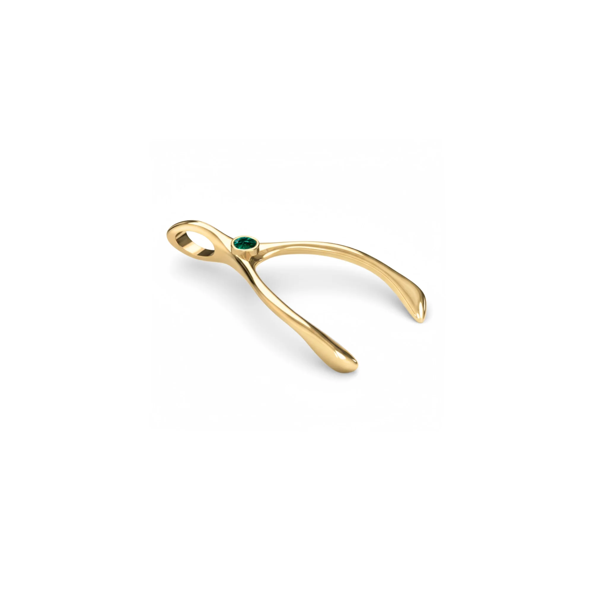 Small Emerald Wishbone Pendant in Solid 14k Gold (May) - Image 7