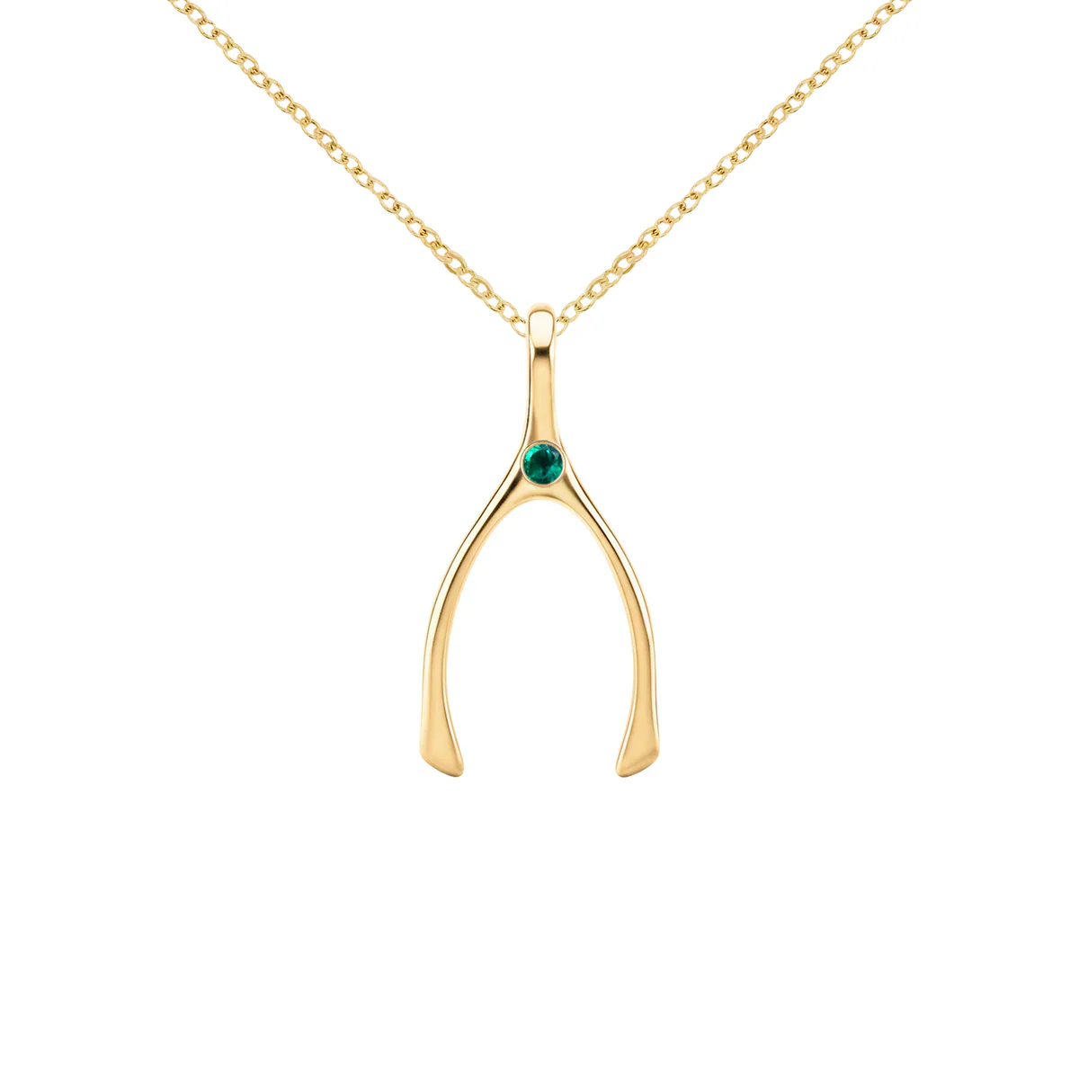 Small Emerald Wishbone Pendant in Solid 14k Gold (May) - Image 8