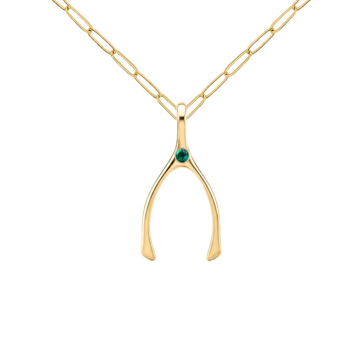 Small Emerald Wishbone Pendant in Solid 14k Gold (May) - Image 9