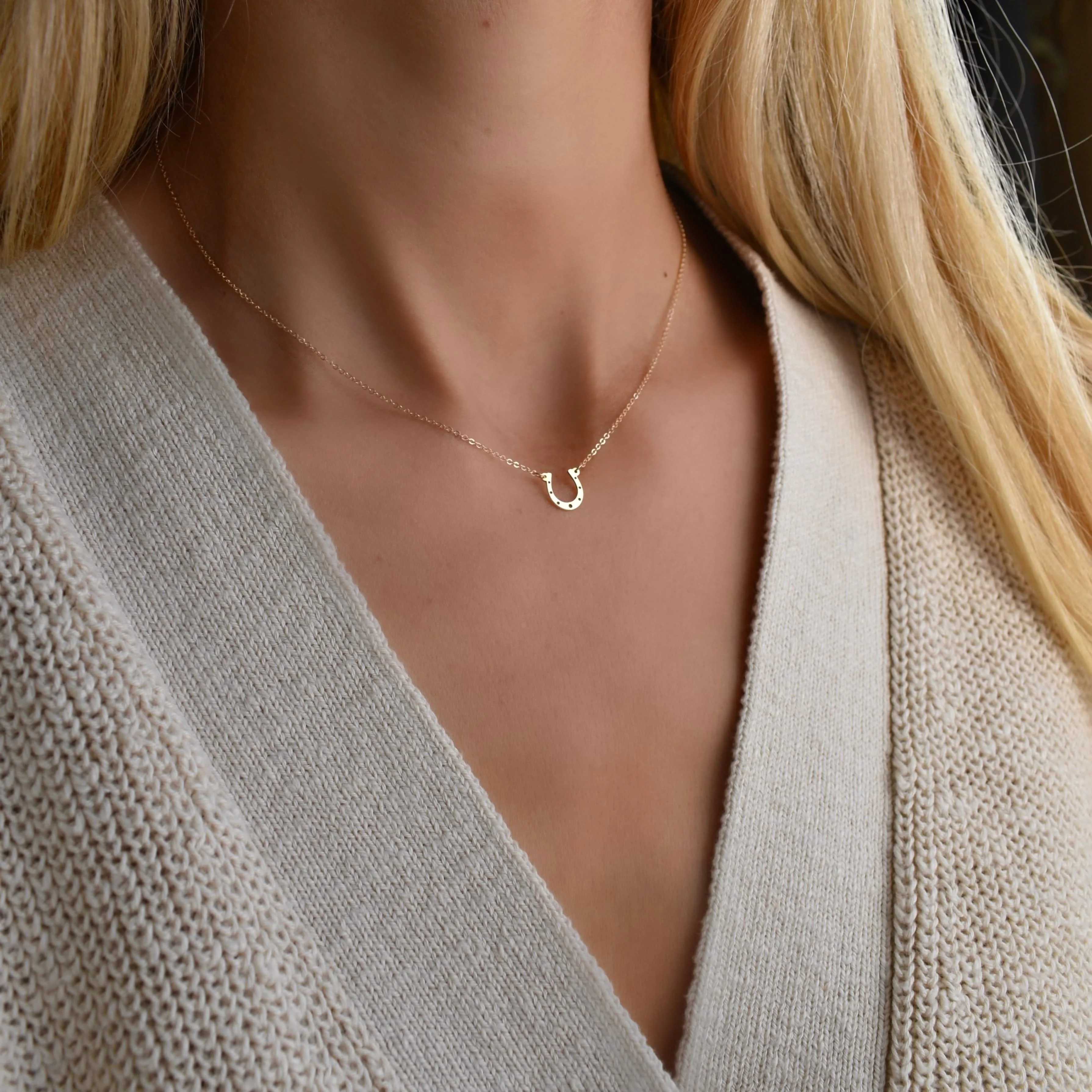 Small Flat Horseshoe Necklace in 14k Gold - Image 2