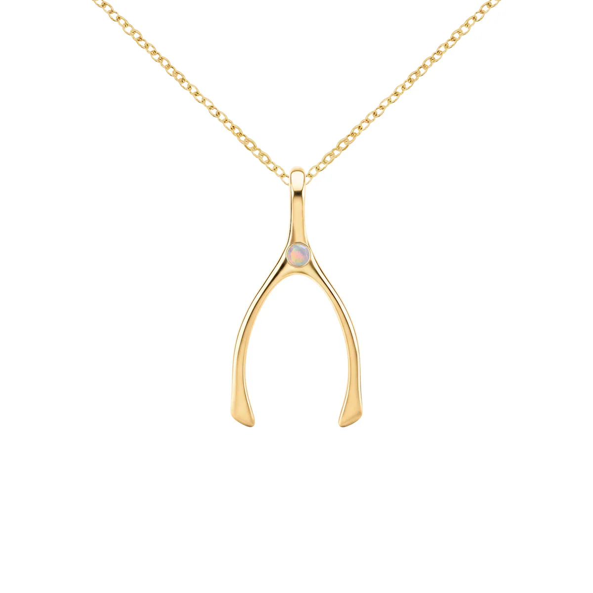 Small Opal Wishbone Pendant in Solid 14k Gold (October) - Image 8