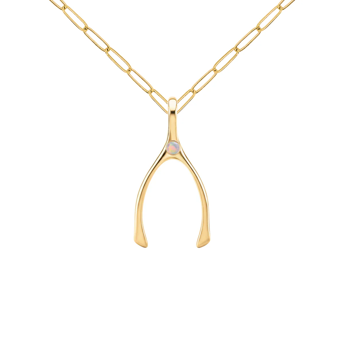 Small Opal Wishbone Pendant in Solid 14k Gold (October) - Image 9