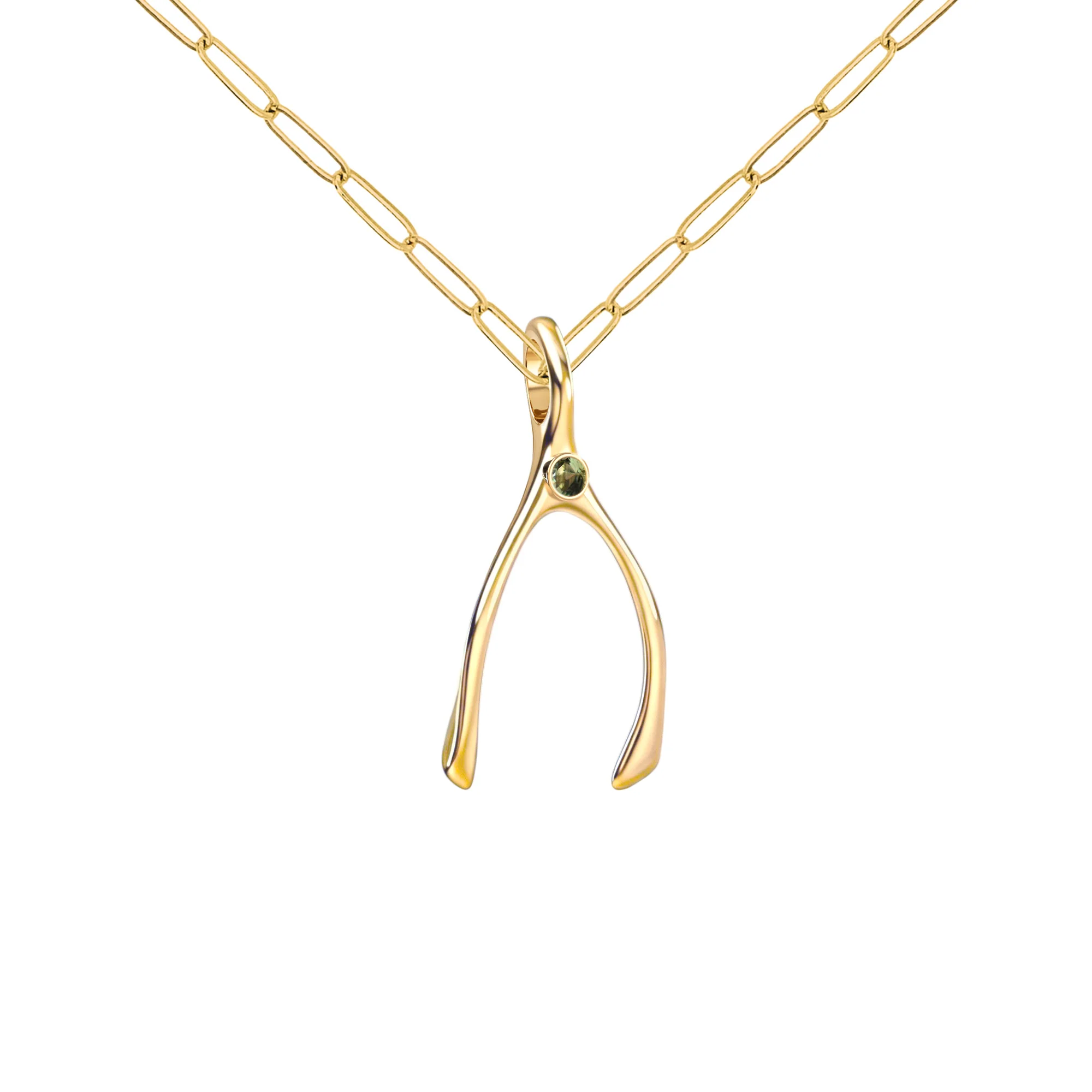 Small Peridot Wishbone Pendant in Solid 14k Gold (August) - Image 4