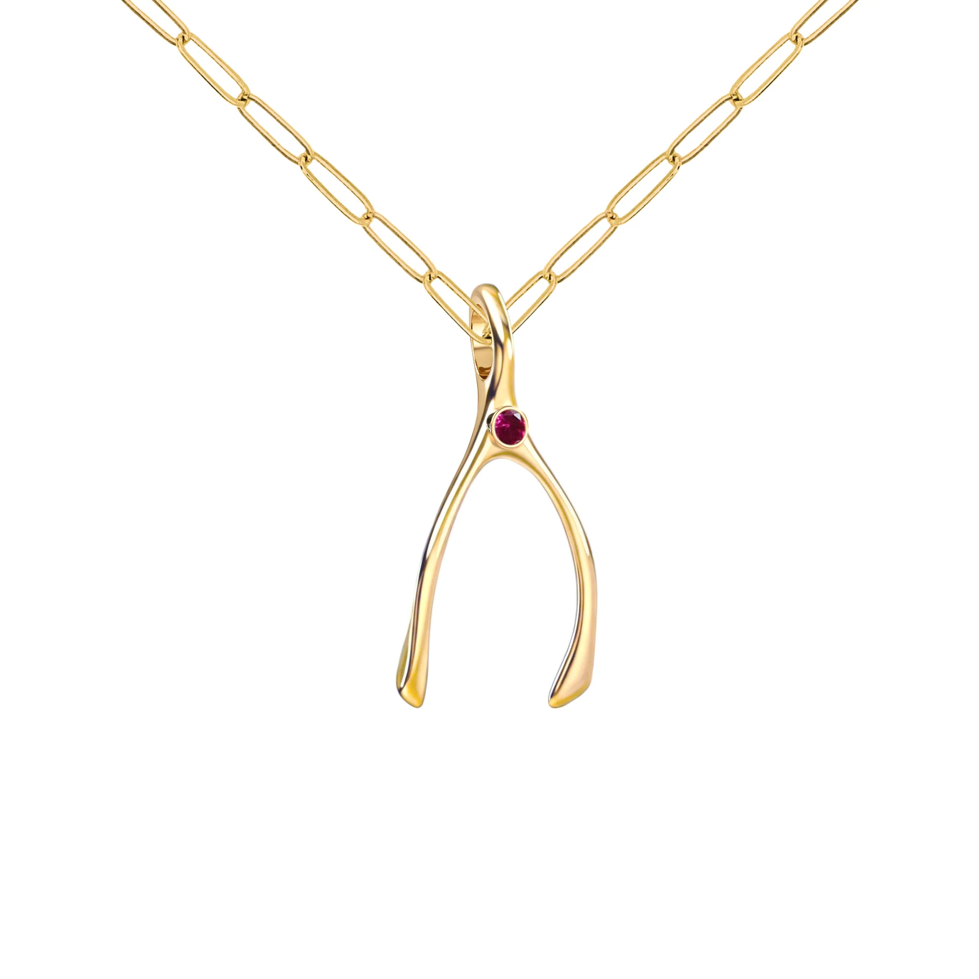 Small Ruby Wishbone Pendant in Solid 14k Gold (July) - Image 4