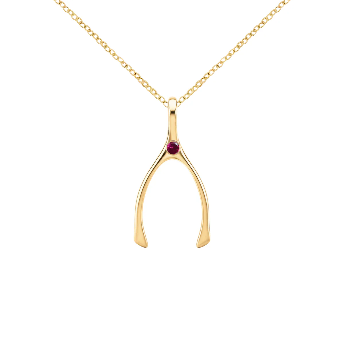 Small Ruby Wishbone Pendant in Solid 14k Gold (July) - Image 8