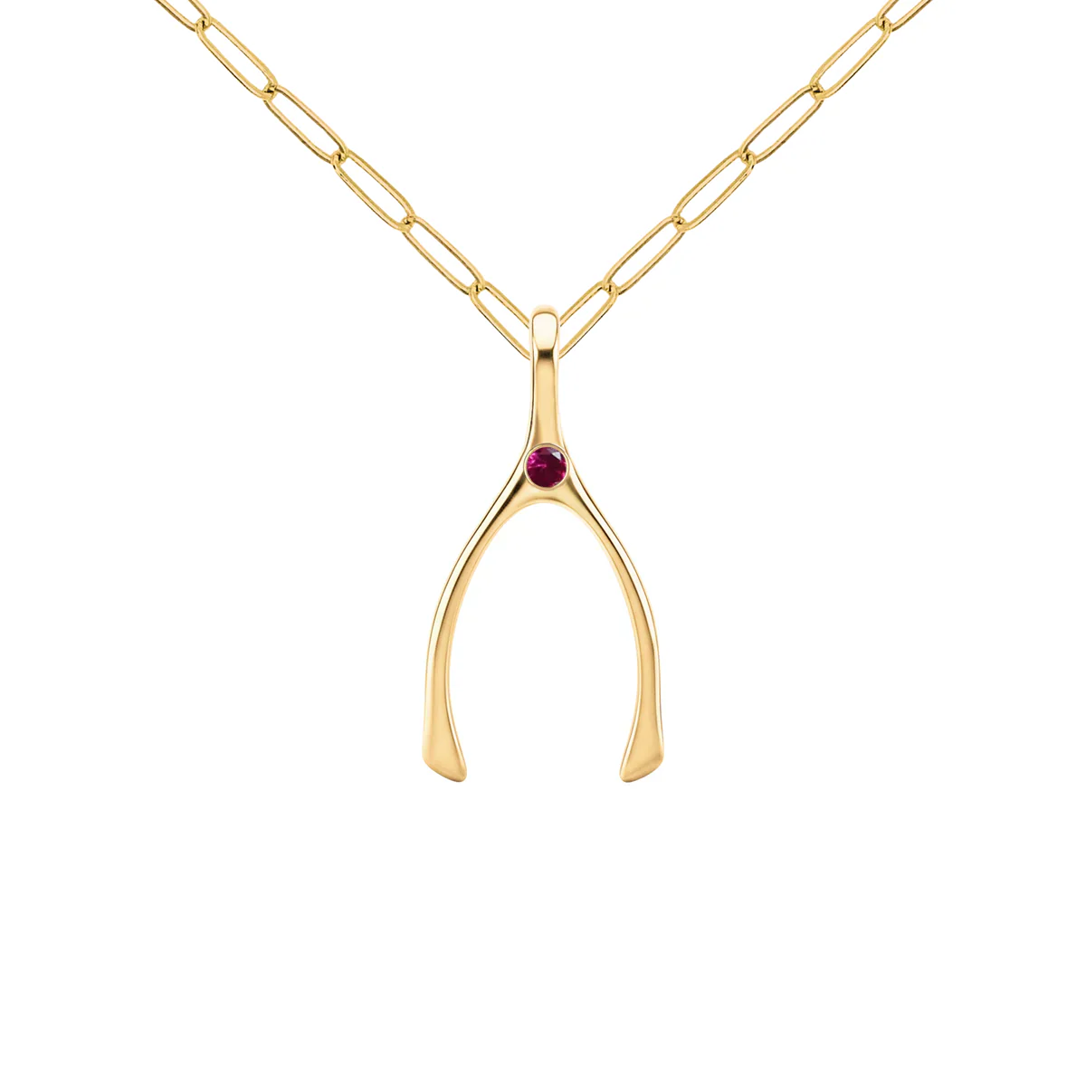 Small Ruby Wishbone Pendant in Solid 14k Gold (July) - Image 9