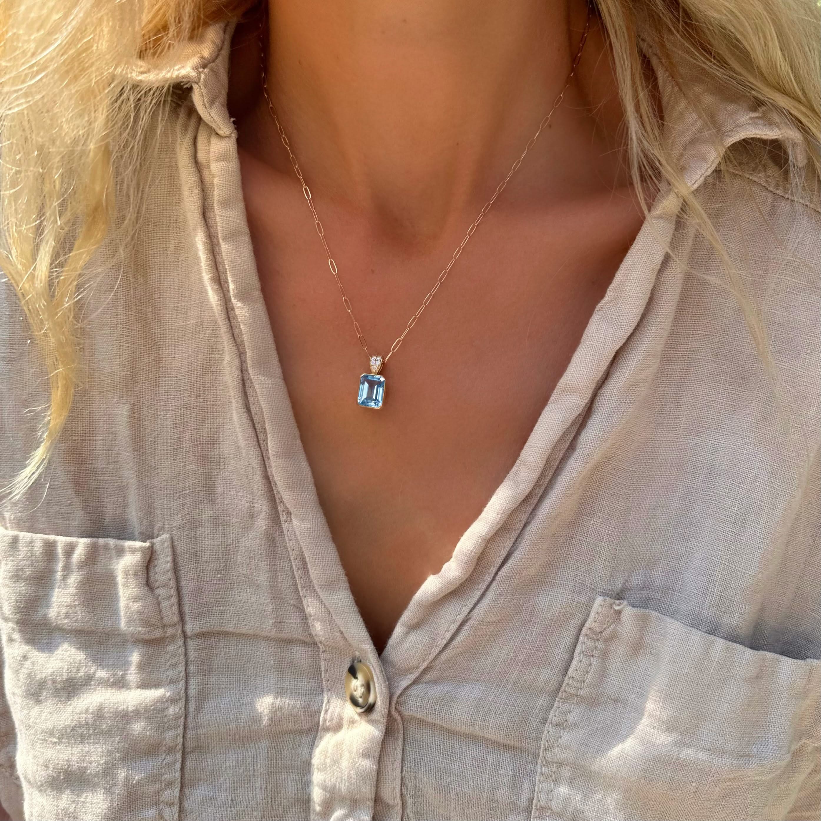 Warren Aquamarine Pendant with Diamond Bail in 14k Gold (March) - Image 2