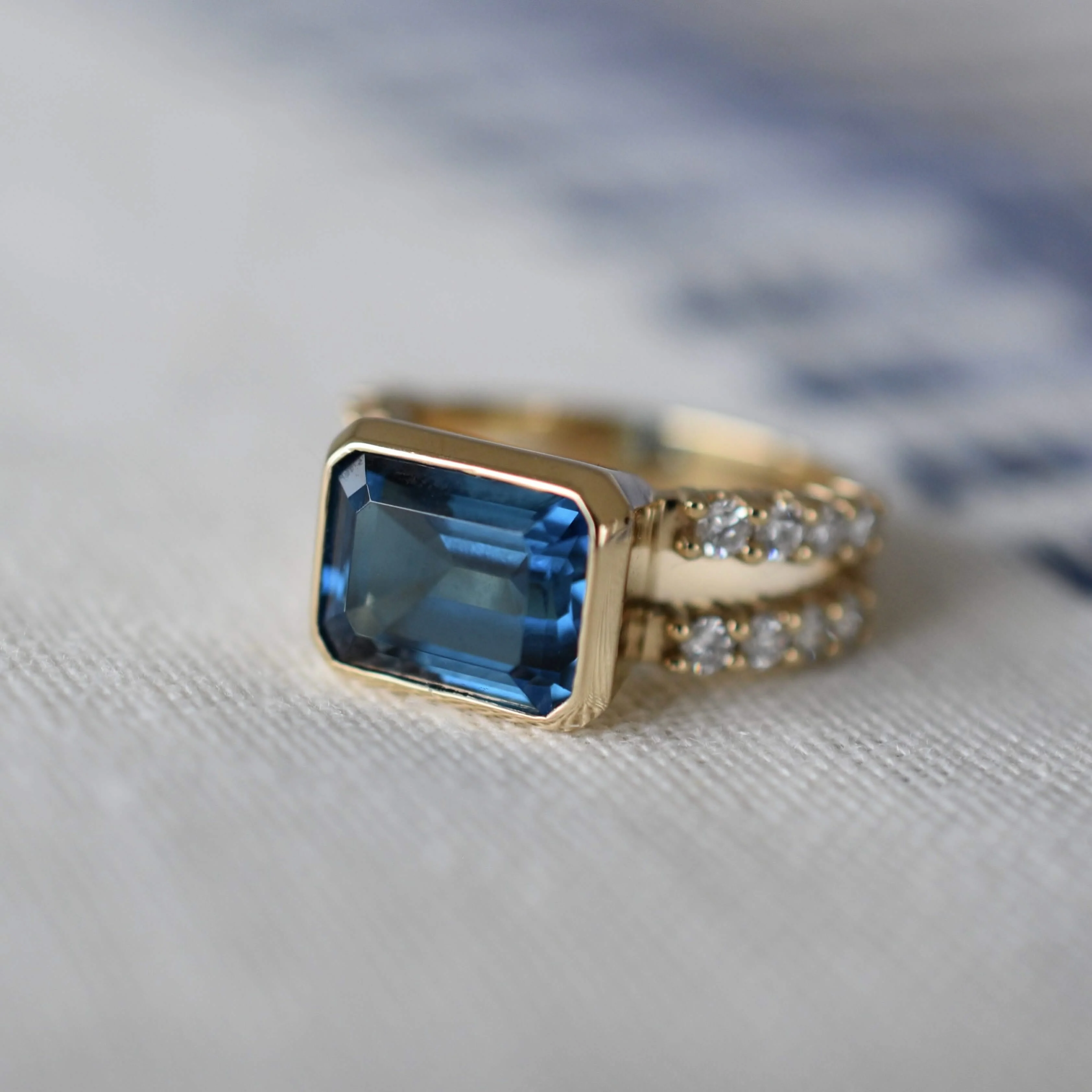 Warren Horizontal Atlantic Blue Topaz Ring with Diamonds in 14k Gold (December) - Image 8