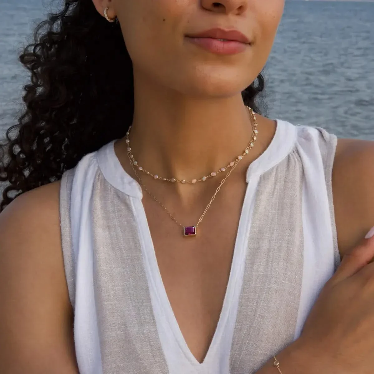 Warren Ruby Necklace on Adelaide Mini Chain in 14k Gold (July) - Image 2