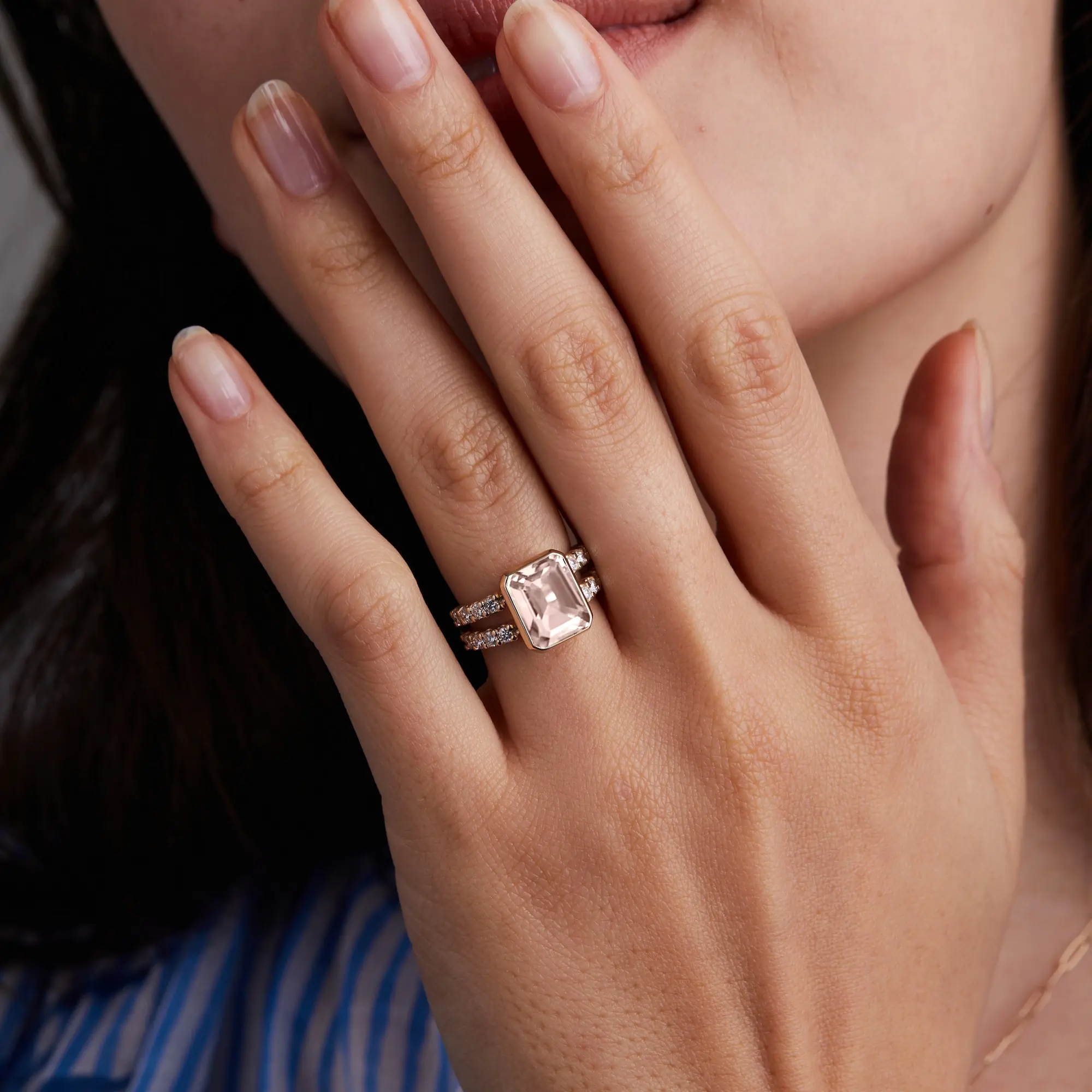 Warren Vertical Blush Sapphire Ring with Diamonds in 14k Gold (October) - Image 3