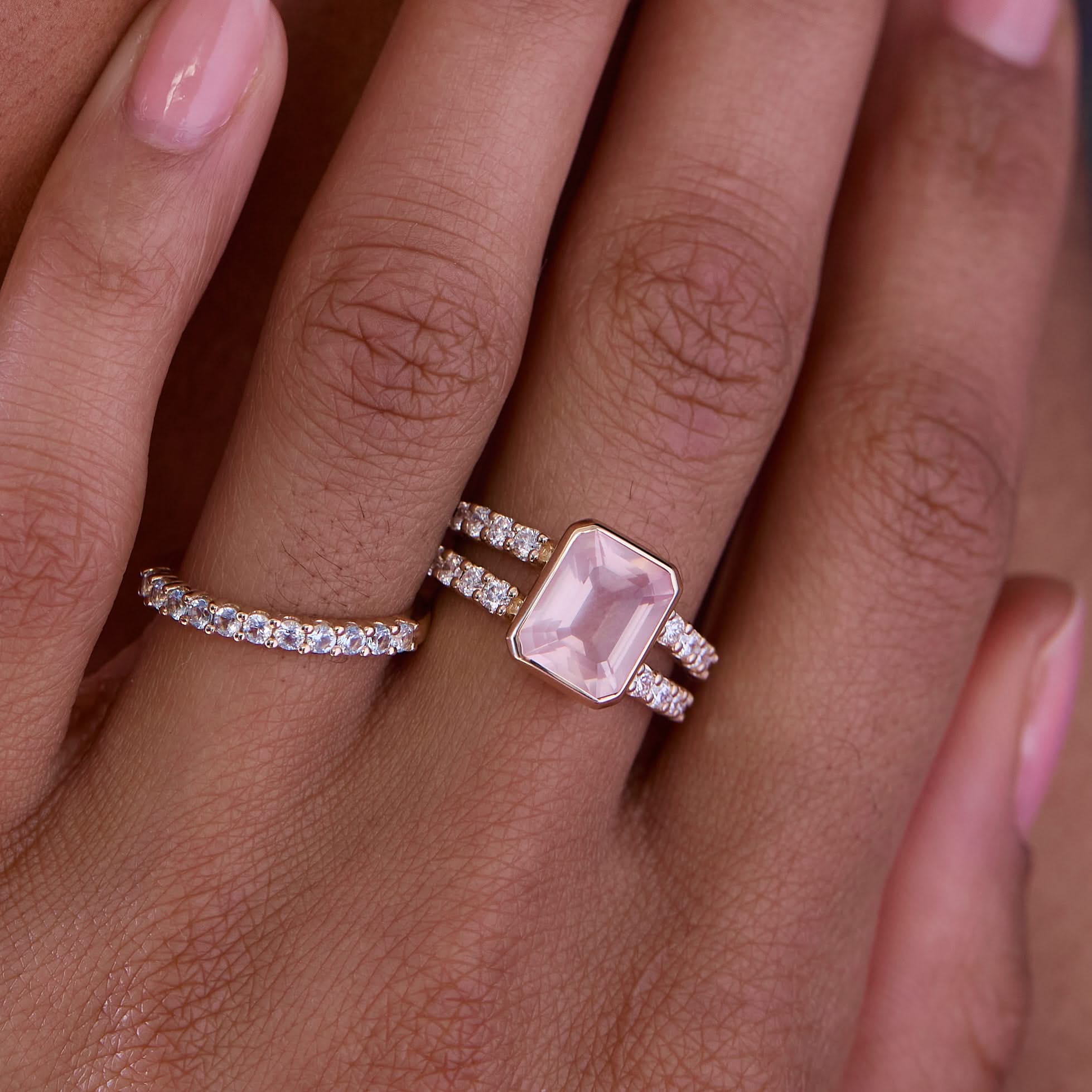 Warren Vertical Rose Quartz Ring with Diamonds in 14k Gold (October) - Image 3